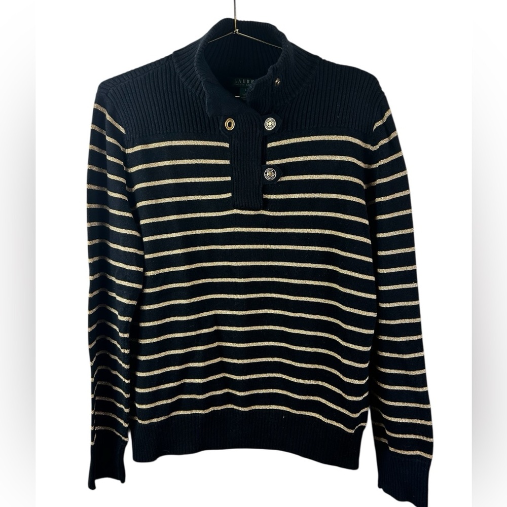 Ralph Lauren Black and Cream Striped Zip-Up Sweater